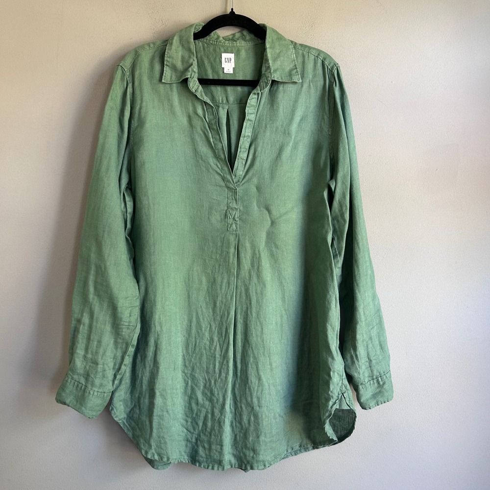 GAP Womens 100% Linen Long Sleeve V-Neck Popover Tunic Top Green Size M